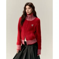 Via Pitti Color Blocked High Collar Knit Cardigan Red