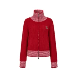 Via Pitti Color Blocked High Collar Knit Cardigan Red