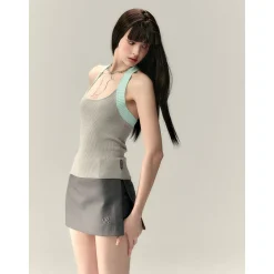Via Pitti Color Blocked Halter Knit Slim Vest Gray