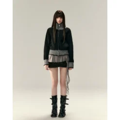 Via Pitti Color Blocked High Collar Knit Cardigan Black