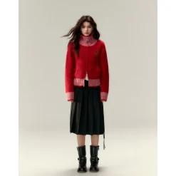 Via Pitti Color Blocked High Collar Knit Cardigan Red