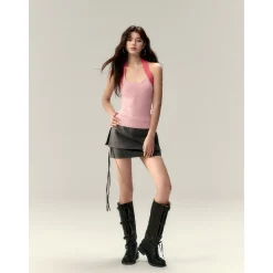 Via Pitti Color Blocked Halter Knit Slim Vest Pink