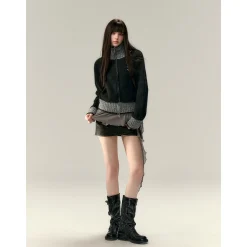 Via Pitti Color Blocked High Collar Knit Cardigan Black