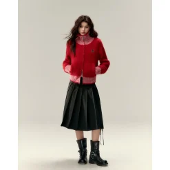 Via Pitti Color Blocked High Collar Knit Cardigan Red