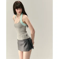 Via Pitti Color Blocked Halter Knit Slim Vest Gray