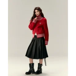 Via Pitti Color Blocked High Collar Knit Cardigan Red