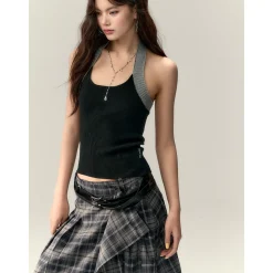 Via Pitti Color Blocked Halter Knit Slim Vest Black