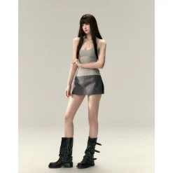 Via Pitti Color Blocked Halter Knit Slim Vest Gray
