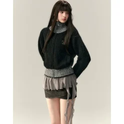 Via Pitti Color Blocked High Collar Knit Cardigan Black