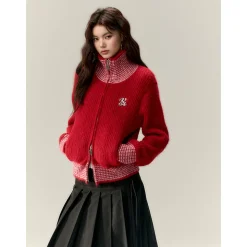 Via Pitti Color Blocked High Collar Knit Cardigan Red