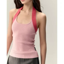 Via Pitti Color Blocked Halter Knit Slim Vest Pink
