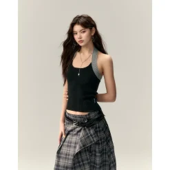 Via Pitti Color Blocked Halter Knit Slim Vest Black