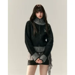 Via Pitti Color Blocked High Collar Knit Cardigan Black