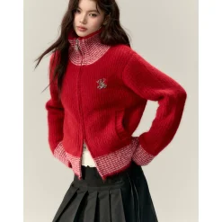 Via Pitti Color Blocked High Collar Knit Cardigan Red