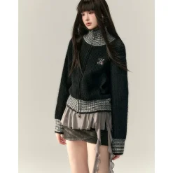 Via Pitti Color Blocked High Collar Knit Cardigan Black