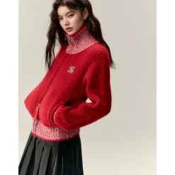 Via Pitti Color Blocked High Collar Knit Cardigan Red