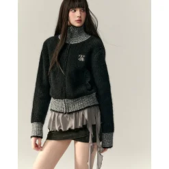 Via Pitti Color Blocked High Collar Knit Cardigan Black