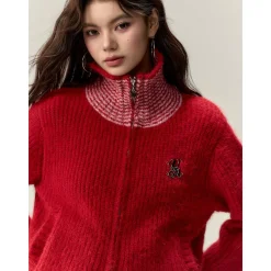 Via Pitti Color Blocked High Collar Knit Cardigan Red