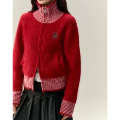 Via Pitti Color Blocked High Collar Knit Cardigan Red