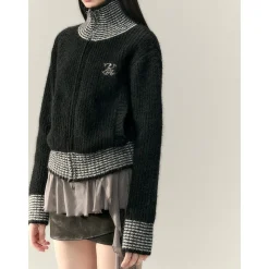 Via Pitti Color Blocked High Collar Knit Cardigan Black
