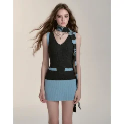 Via Pitti Color Blocked V-neck Knit Vest Dress Dark Gray