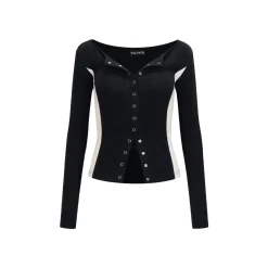 Via Pitti Color Blocked Waist-In Button Slim Top Black