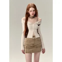 Via Pitti Color Blocked Waist-In Button Slim Top White