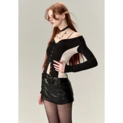 Via Pitti Color Blocked Waist-In Button Slim Top Black