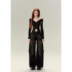 Via Pitti Color Blocked Waist-In Button Slim Top Black