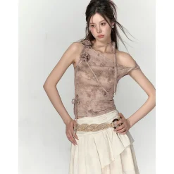 Via Pitti 3D Rose Flower Tie Slip Vest Brown