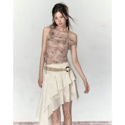 Via Pitti 3D Rose Flower Tie Slip Vest Brown