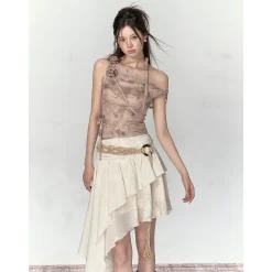 Via Pitti 3D Rose Flower Tie Slip Vest Brown