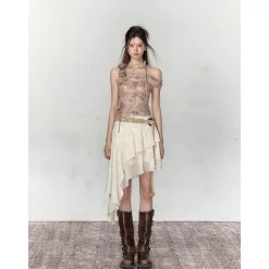Via Pitti 3D Rose Flower Tie Slip Vest Brown