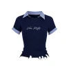 Via Pitti Destroy Edge Patchwork Knit Shirt Top Navy Blue