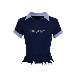 Via Pitti Destroy Edge Patchwork Knit Shirt Top Navy Blue