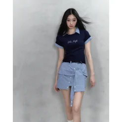 Via Pitti Destroy Edge Patchwork Knit Shirt Top Navy Blue
