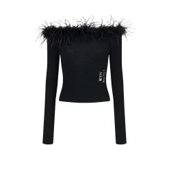 Via Pitti Detachable Ostrich Feather Knit Top Black