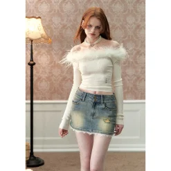 Via Pitti Detachable Ostrich Feather Knit Top White