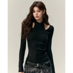 Via Pitti Fake-2-Piece Chocker Neck Waisting Woolen Top Black