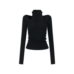 Via Pitti Fake-2-Piece Chocker Neck Waisting Woolen Top Black