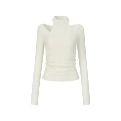 Via Pitti Fake-2-Piece Chocker Neck Waisting Woolen Top White