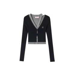 Via Pitti Fake-2-Piece Hollow Out Short Knit Cardigan Black