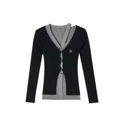 Via Pitti Fake-2-Piece Hollow Out Knit Long Cardigan Black