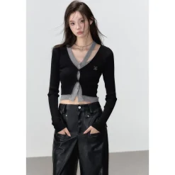 Via Pitti Fake-2-Piece Hollow Out Short Knit Cardigan Black