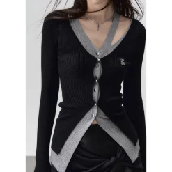 Via Pitti Fake-2-Piece Hollow Out Knit Long Cardigan Black