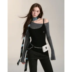 Via Pitti Fake-2-Piece Irregular Diagonal Shoulder Top Black