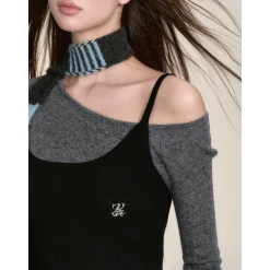 Via Pitti Fake-2-Piece Irregular Diagonal Shoulder Top Black