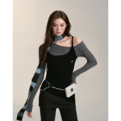 Via Pitti Fake-2-Piece Irregular Diagonal Shoulder Top Black