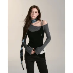 Via Pitti Fake-2-Piece Irregular Diagonal Shoulder Top Black