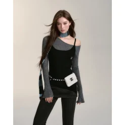 Via Pitti Fake-2-Piece Irregular Diagonal Shoulder Top Black